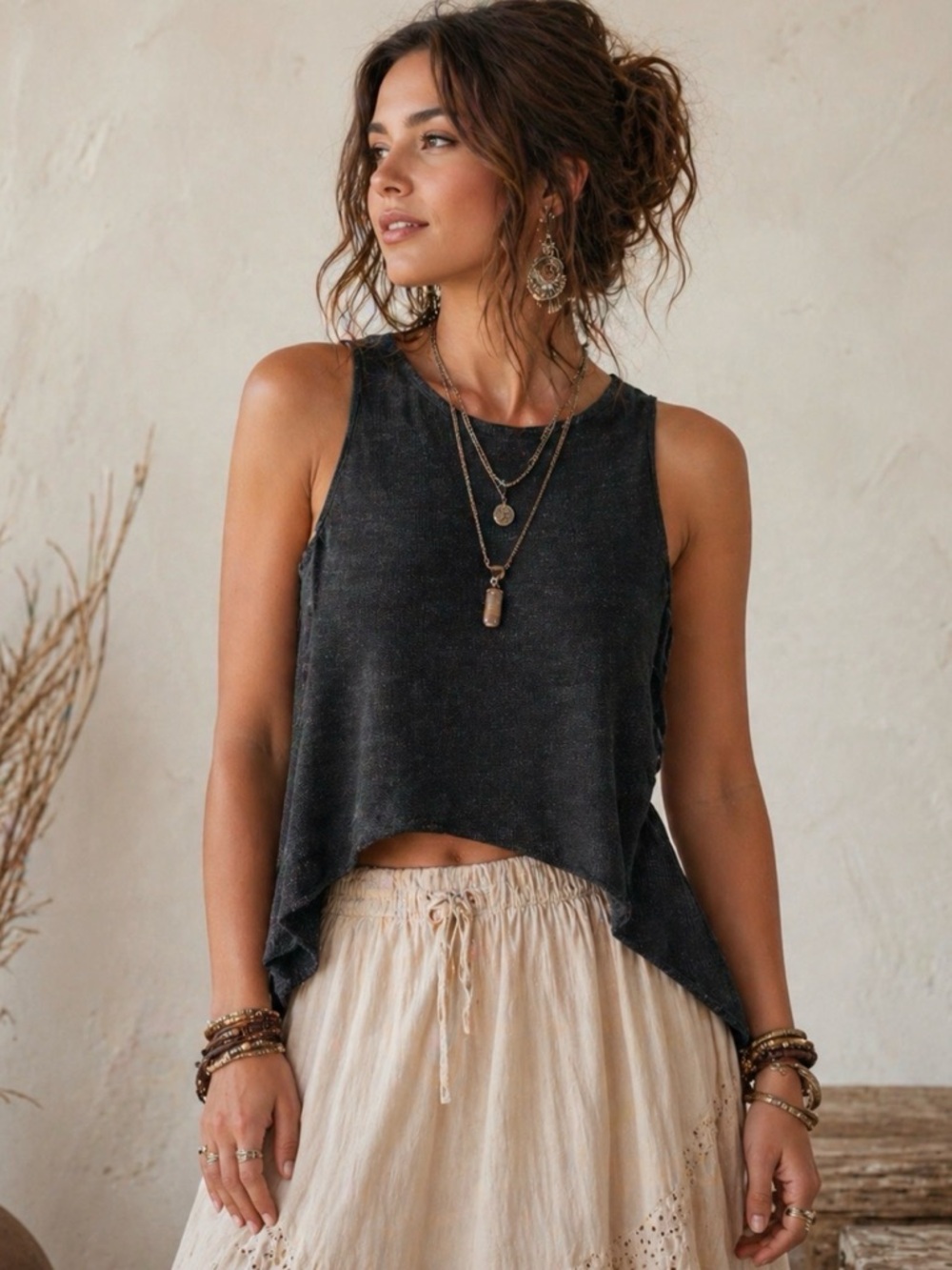 Sarah Pacini Black Washed Sleeveless High-Low Tank